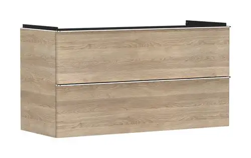 Waschtischunterschrank in Holzoptik von Hansgrohe mit zwei Schubkästen. Der Schrank hat eine glatte Oberfläche und eine schlichte, praktische Bauweise.